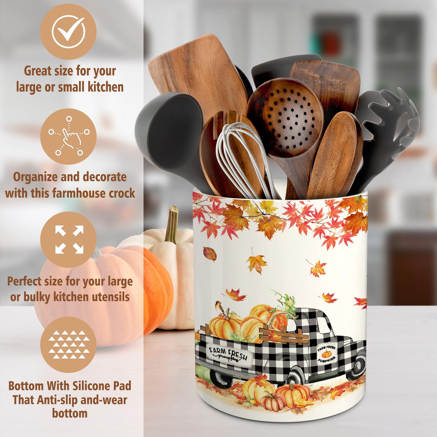 pinata Fall Kitchen Decor Ceramic Utensil Holder, Farmhouse Fall Truck Pumpkin Utensils Holder, Ceramic Utensils Crock for Rustic Indoor Kitchen Decorations(6.3 Inches)