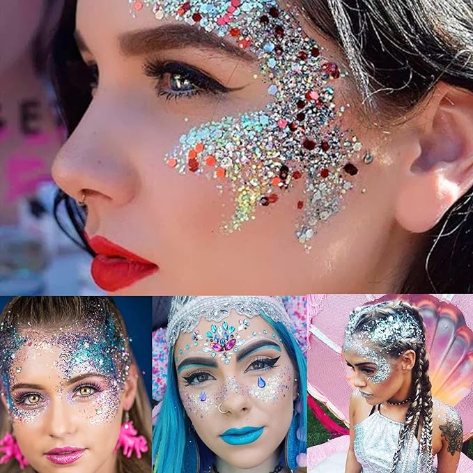 MEICOLY Red Body Glitter,Sparkling Christmas Face Glitter,Stocking Stuffers for Christmas,Glitter Face Paint for Women and Kids,Mermaid Sequins Chunky Glitter for Face,Body,Hair,Christmas Body Glitter
