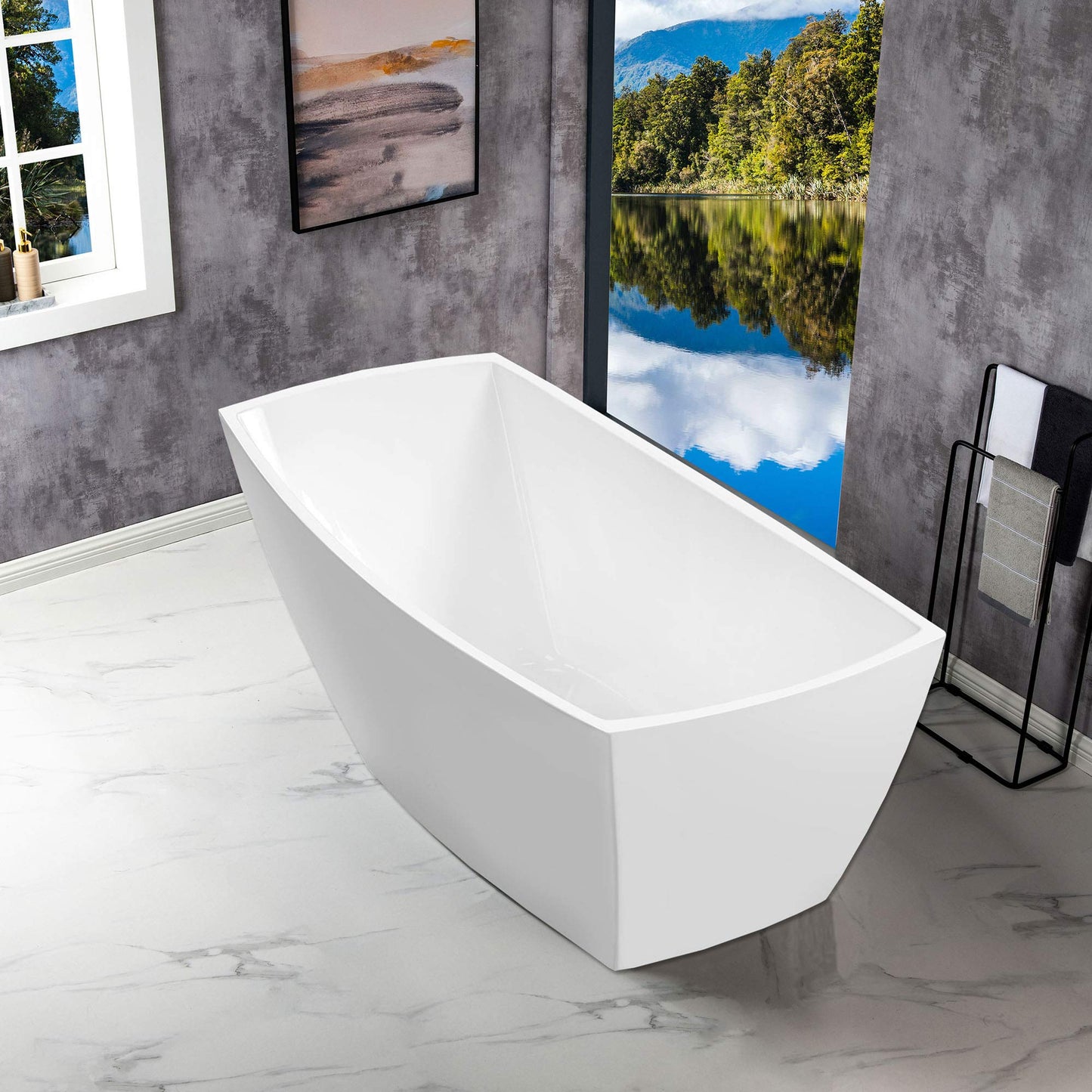 WOODBRIDGE 67" Acrylic Freestanding Bathtub Contemporary Soaking Tub with Brushed Gold Overflow and Drain,White
