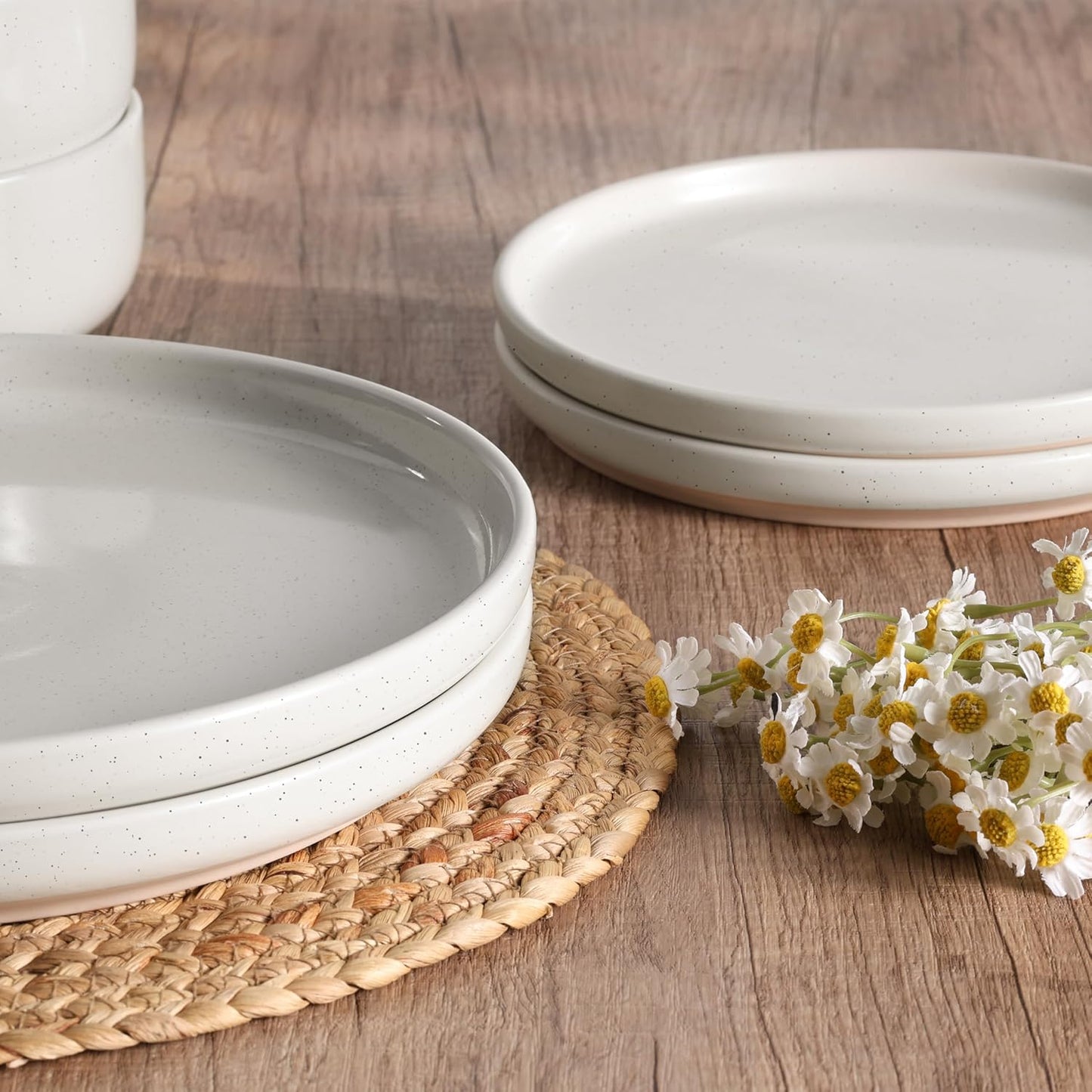 HaWare Stoneware Dinnerware Sets, 24-Piece Plates and Bowls Set for 8, Dishes Set for Home Restaurant, Speckled Milky White