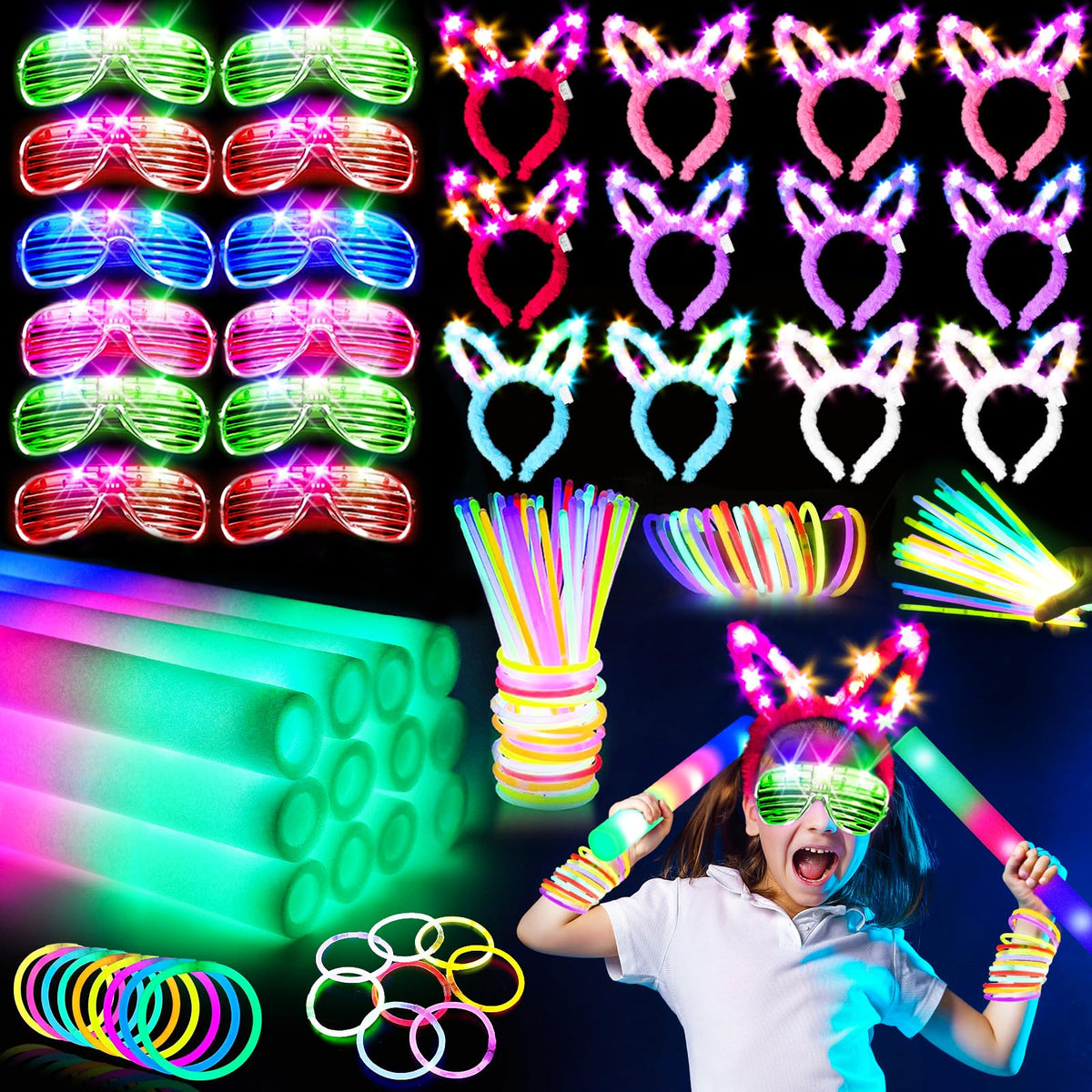 SHQDD 236 PCS Glow in the Dark Party Supplies, Halloween Party Favors, 12PCS 16" Foam Glow Sticks, 12PCS LED Glasses, 12PCS Bunny Ear Headband and 100PCS Glow Sticks for Neon Party for Kids or Adults