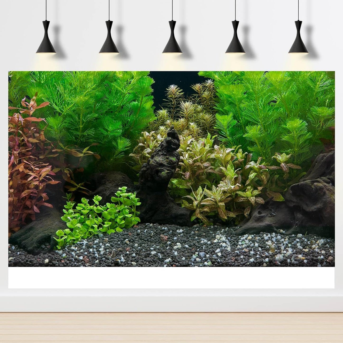 Aquarium Background Exquisite Underwater Grass Leaves with Pebbles Aquarium Backdrop Vivid Green Aquatic Plant Stone with Dead Woods and Fresh Leaves Fish Tank Wallpaper 24x16in