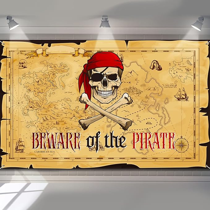 Breling Pirate Party Backdrop Pirate Treasure Map Background Nautical Theme Wall Hanging Map Banner Decoration for Kids Bi...
