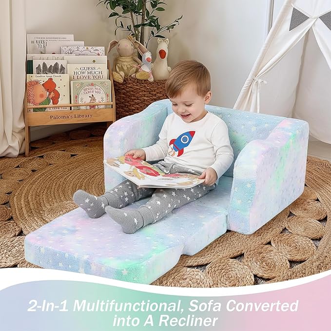 MeMoreCool Folding Toddler Chair, Soft Plush Fold Out Kids Couch Sofa Glow in The Dark, Comfy Baby Recliner for Girls Boys (Blue Galaxy)