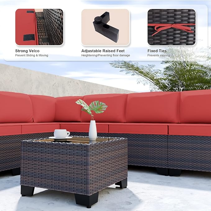 Kullavik 9 Pieces Outdoor Patio Furniture Set,Outdoor Sectional Rattan Sofa Set Brown PE Rattan Wicker Patio Conversation Set with Tempered Glass Coffee Table and Washable Cushions Covers,Red