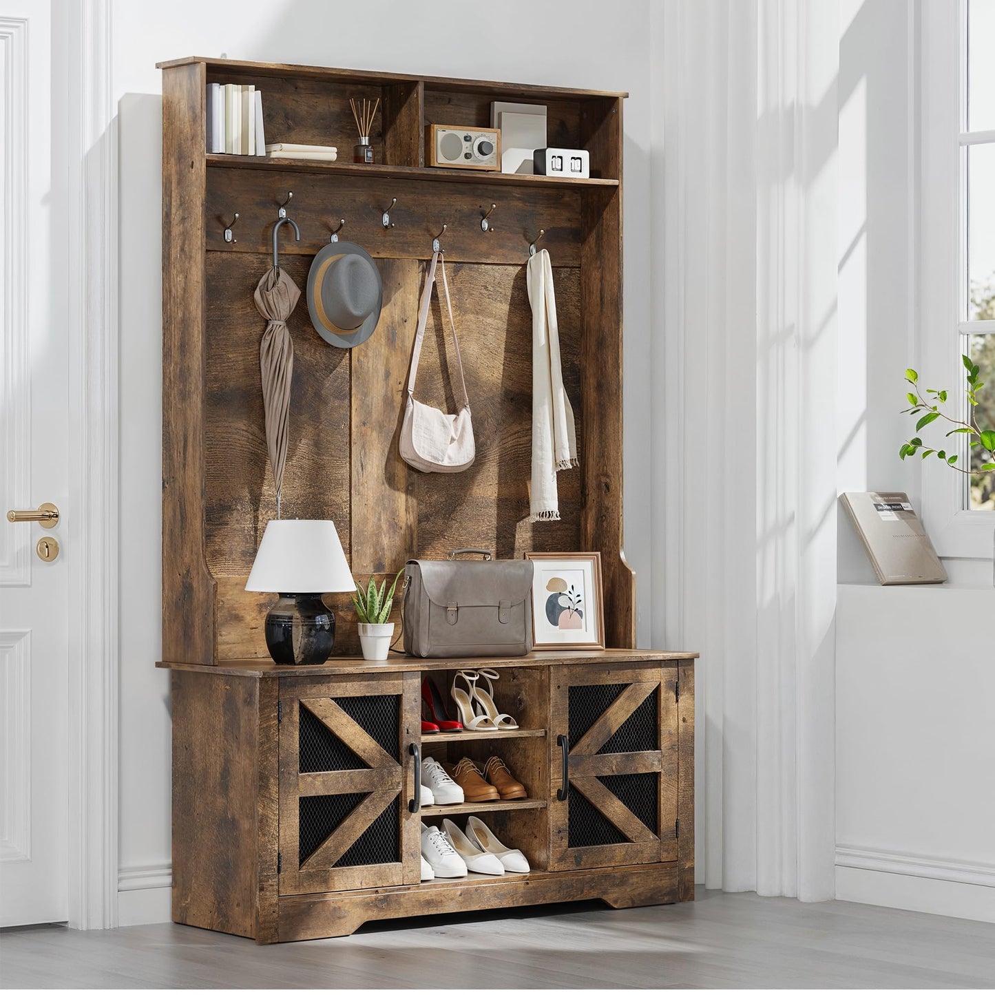 Gizoon Hall Tree with Storage Bench, 5-in-1 Entryway Bench with Coat Rack, Shoe Cubbies, Coat Hooks and Barn Door, Shelf for Foyer, Mudroom,Retro