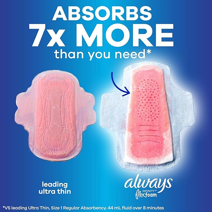 Always Infinity Feminine Pads for Women, Flexfoam Pads with Wings, Size 4, Overnight Absorbency, Unscented, 78 Count (3 Packs of 26)