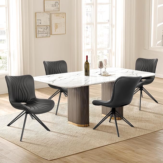 VATROS Dining Chairs Set of 2, 360° Swivel Upholstered Mid-Century Modern Kitchen Dining Room Chairs, Armless Faux Leather Accent Side Chair with Padded Back, Metal Leg, Black