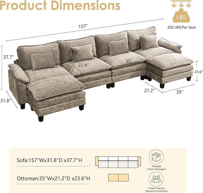 URRED Cloud Couch Modular Sectional Sofa, 157" Modern U Shaped Deep Seat Sofa with 2 Ottomans & Pillows, Ultra Comfy Chenille Couches for Living Room, Bedroom or Apartment, Khaki