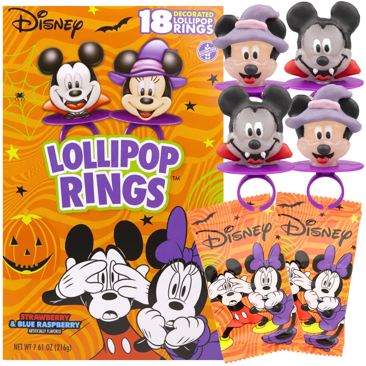 Limited Edition Disney Dracula Mickey and Minnie Mouse Halloween Lollipop Rings, Individually Wrapped Trick or Treat Candies, 18 Suckers