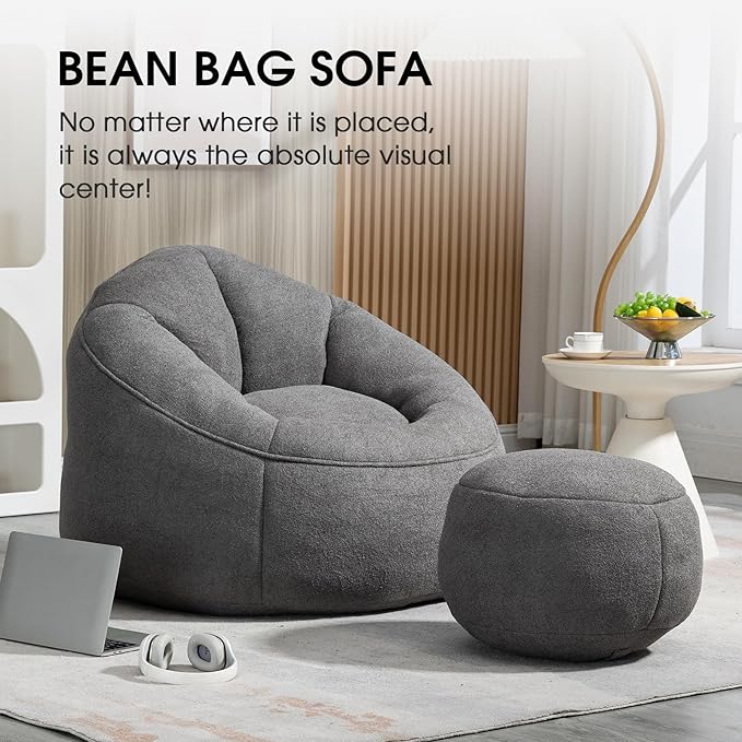 Sudwesto Bean Bag Chair for Adult, Microfiber Upholstered Bean Bag Sofa with Petal Back, Shell-Shaped Beanbag Chair with Footstool, Memory Foam Stuffed Lazy Sofa for Living Room, Bedroom (Grey)