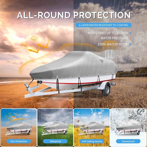 Plscoverit Boat Covers 17-19ft, Heavy Duty 1200D Oxford Waterproof Trailerable Boat Cover, UV Resistant Bass Boat Covers with Motor Cover, Fits V-Hull Tri-Hull Fish&Ski Boat, Runabout