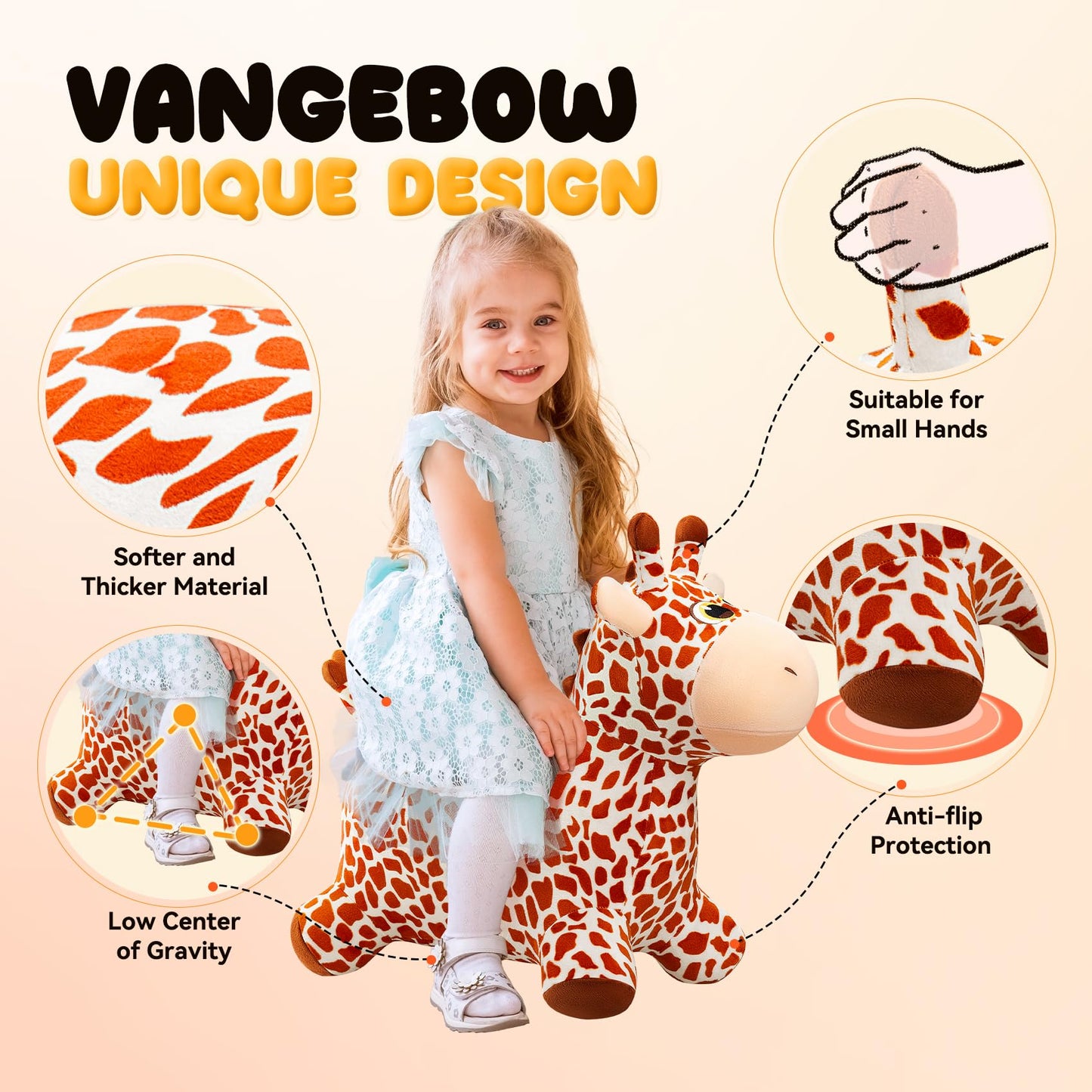 VangeBow Giraffe Bouncy Horse Toys for 1 2 3 year old Kid gifts, Plush Giraffe Ride On Bouncy Animal for toddlers 1-3, Indoor Outdoor Inflatable Hopping Toys for Girl Boy Birthday Gifts(Pump Included)