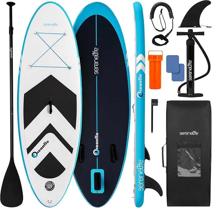 SereneLife 7'9" Kids Inflatable Stand Up Paddle Board - SUP for Youth with Single-Action Pump, Adjustable Paddle & Backpac...