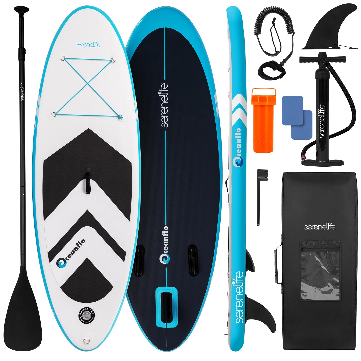 SereneLife 7'9" Kids Inflatable Stand Up Paddle Board - SUP for Youth with Single-Action Pump, Adjustable Paddle & Backpack - 30” Wide Stable Design with Non-Slip EVA Deck Pad, Ages 5+, 200lb Capacity