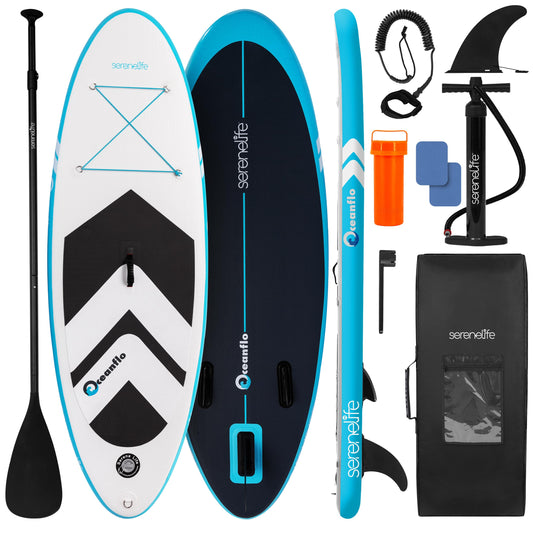 SereneLife 7'9" Kids Inflatable Stand Up Paddle Board - SUP for Youth with Single-Action Pump, Adjustable Paddle & Backpack - 30” Wide Stable Design with Non-Slip EVA Deck Pad, Ages 5+, 200lb Capacity