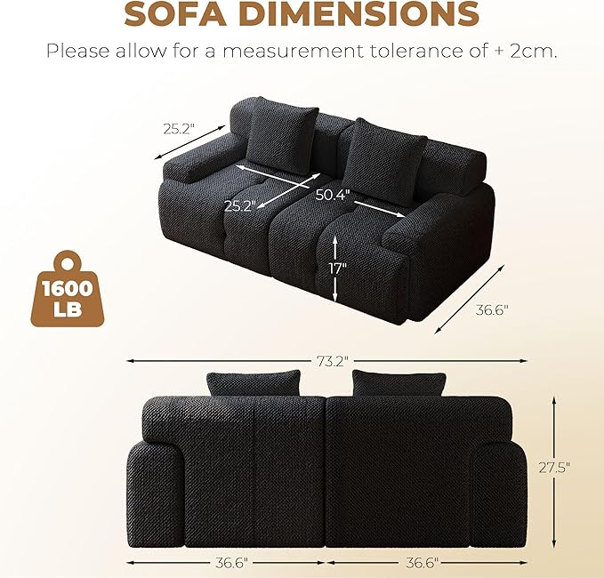 73" Modern Modular Sectional Sofa, 2 Seater Convertible Chenille Cloud Couch Sofa Set, Boneless Couches for Living Room with Ottoman, No Assembly Required, Black
