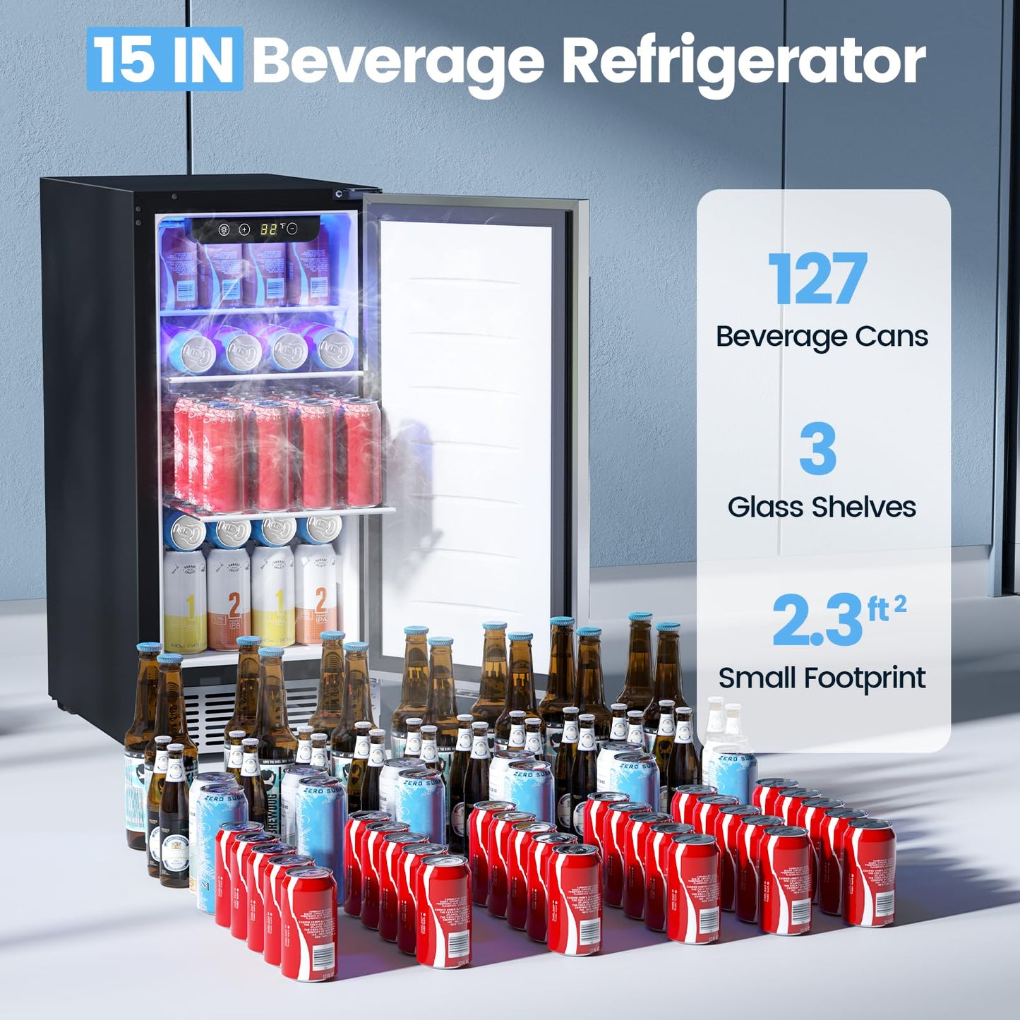 COWSAR 15 Inch Outdoor Beverage Refrigerator, Under Counter Beverage Fridge with Stainless Steel Door, Built-in or Freestanding Beverage Cooler 127 Cans for Home/Kitchen/Patio/Bar