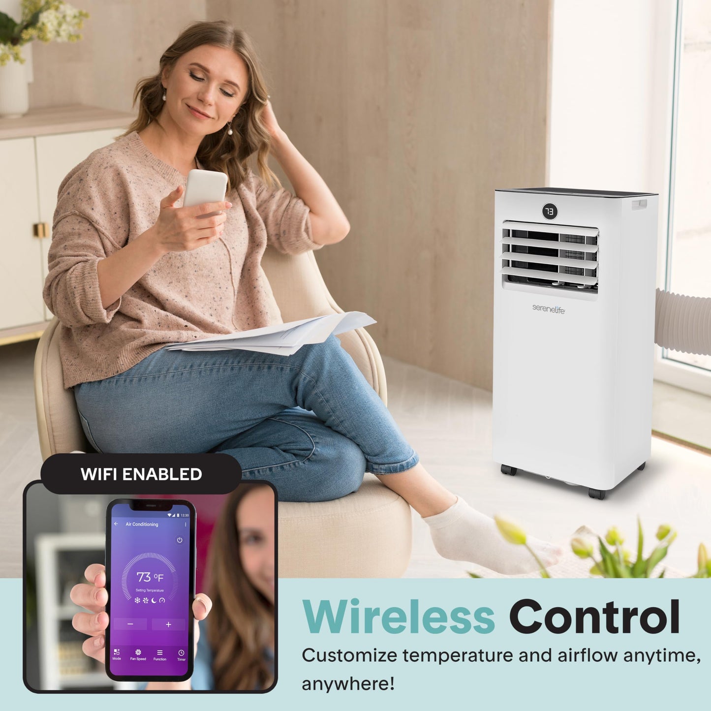 SereneLife 10,000 BTU Portable Air Conditioner and Heater, Small AC with Dehumidifier and Fan, Wifi Function, Mini AC Unit with 450 Sq. Ft. Coverage, Includes Remote Control and Window Mount Kit