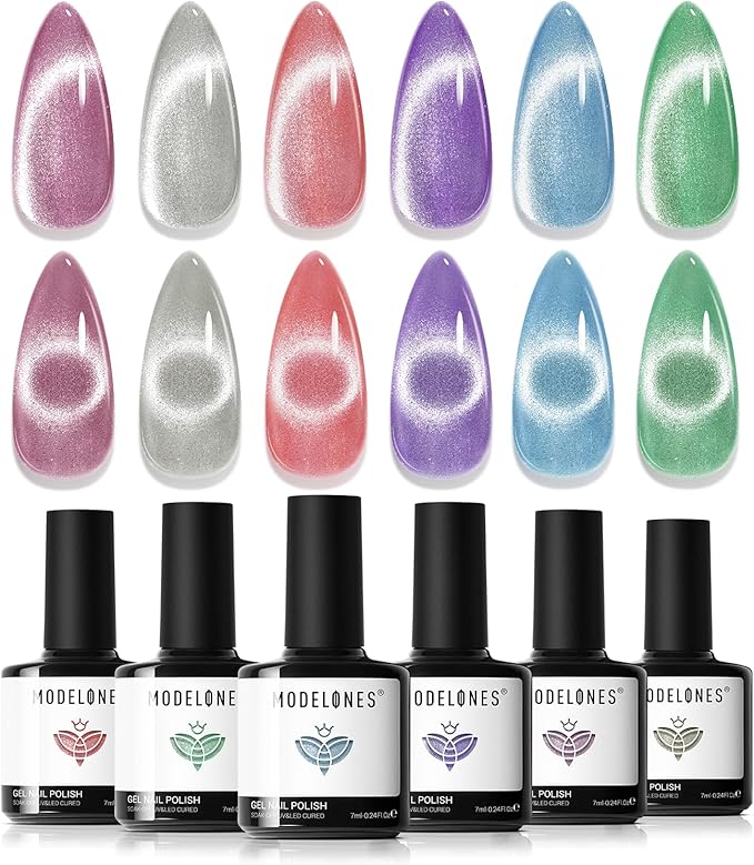 modelones Cat Eye Gel Nail Polish 6 Colors Red Green Silver Purple Blue Glitter Cat Eye Gel Polish Holographic 9D Semi-transparent With Magnet Soak Off Led Nail Art DIY Salon Gifts For Women Girl