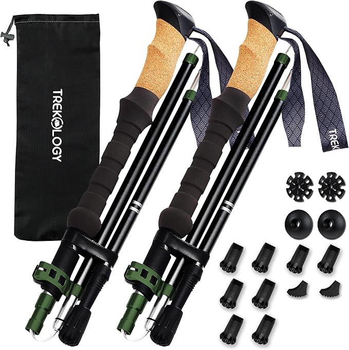 TREKOLOGY Trek-Z Cork Grip Trekking Poles Bundle with 6 Rubber Tip Replacements – Lightweight Folding Hiking Poles, Adjust...