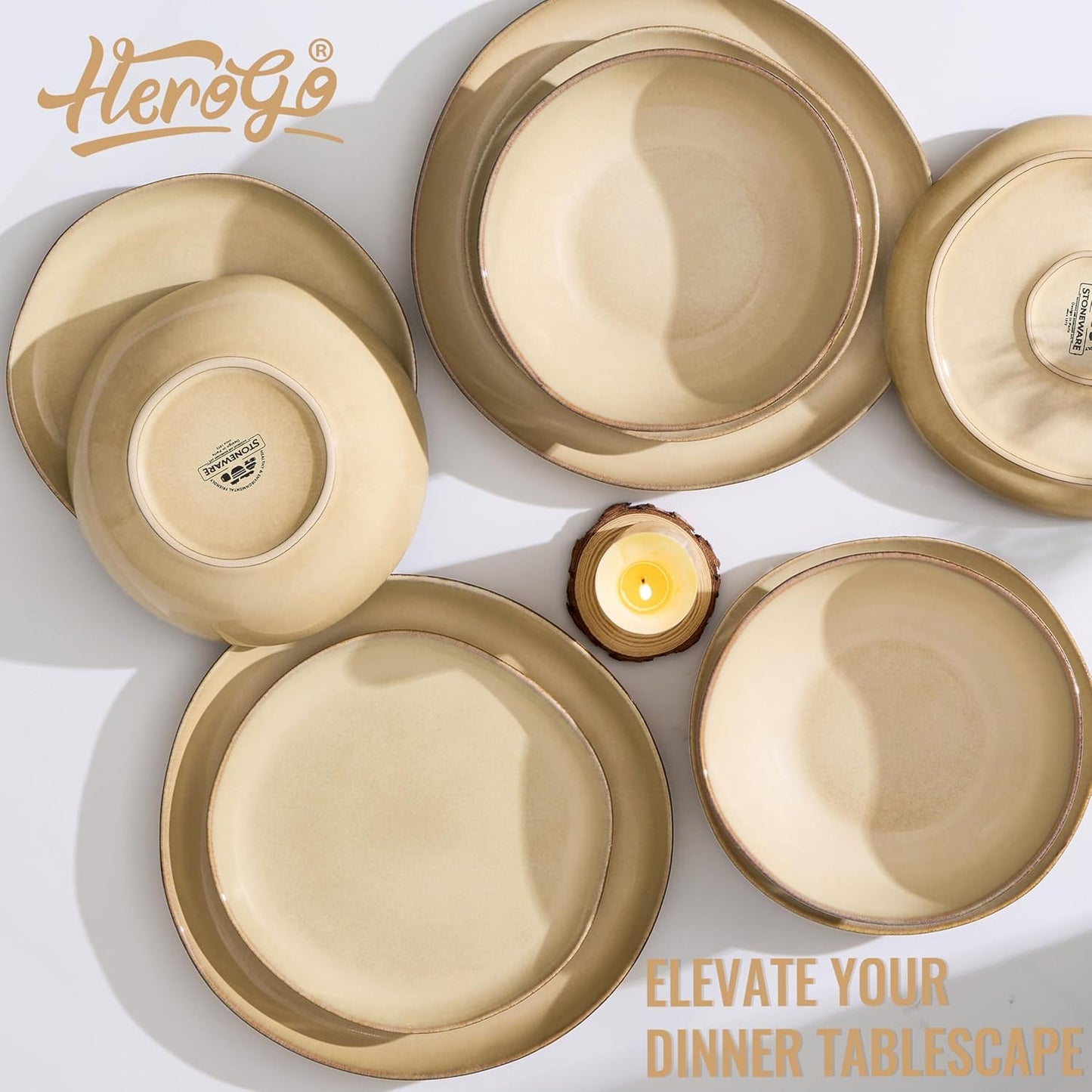 Herogo Stoneware Dinnerware Sets for 6, 18pcs Irregular Handmade Dinner Dish Set, Plates and Bowls Dishware for Kitchen Dining, Microwave & Dishwasher Safe, Cream Khaki
