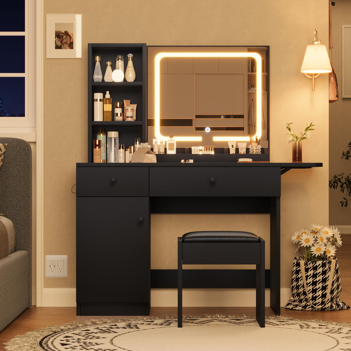 GarveeHome Makeup Vanity Desk with Mirror and Lights, Vanity Table Set with Drawer & Power Outlet ＆ Chair & 3 Shelves, Bedroom, Black