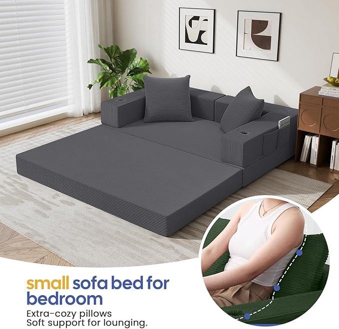 COMAX Futon Sofa Bed, 4‑in‑1 Convertible Sofa Bed, Folding Boneless Couches for Living Room, Fold Out Small Foldable Loveseat Floor Sleeper Comfy Mattress Lounge Space‑Saving, Grey