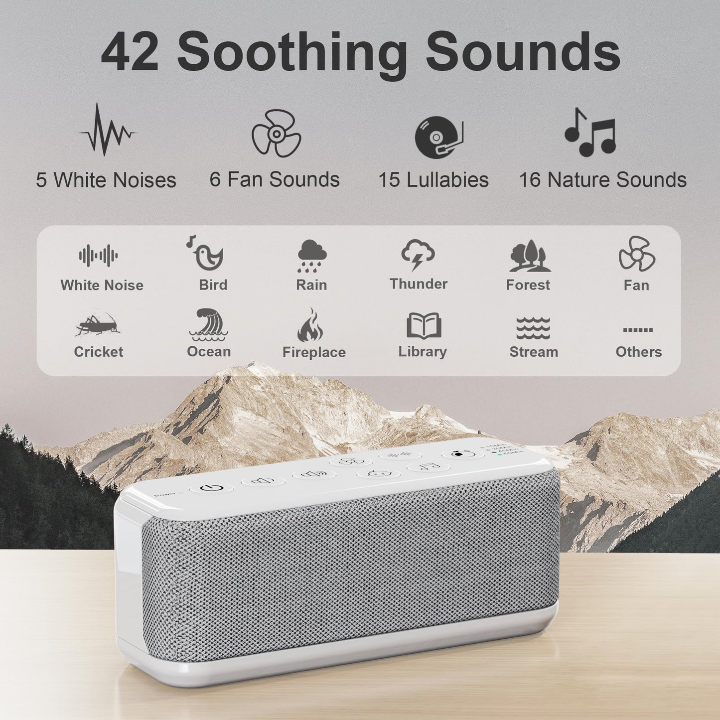 Raynic White Noise Machine, 42 Soothing Sounds Noise Machine, Rechargeable Battery Sound Machine with 8 Volumes, 5 Timers, Type-C Port, Headphone Jack for Baby, Adult, Home, Travel, Office