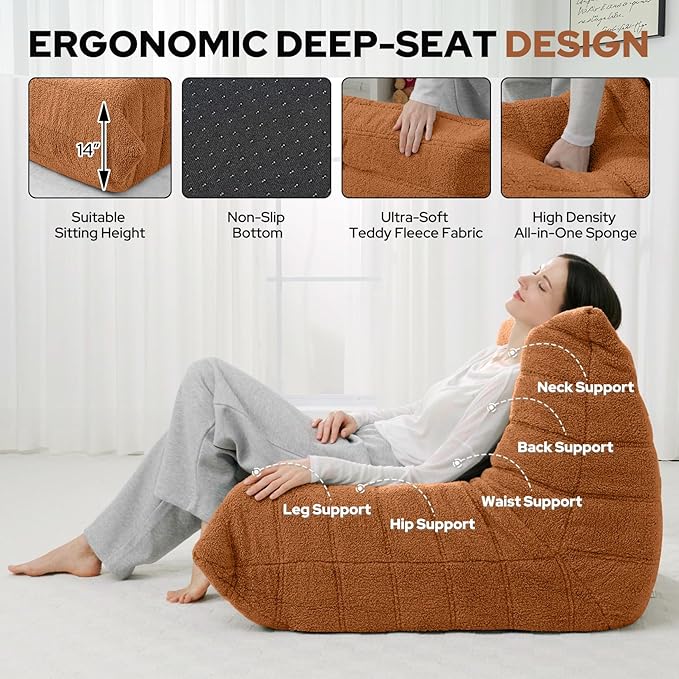 HABUTWAY Bean Bag Chairs Fireside Lazy Floor Sofa, Soft Teddy Fleece Bean Bag Sofa with High-Resilience Foam Filling，Beanbag for Living Room, Bedroom, Office (Brown Teddy)