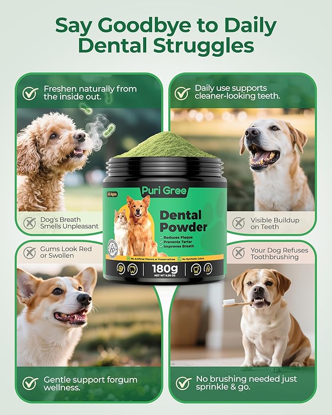 Dog Dental Powder, Dog Teeth Natural Cleaning Powder, Dogs Breath Freshener, Enzymes & Probiotic with Plaque and Tartar Off, Pets Tooth Cleaning 180g/6.36 oz