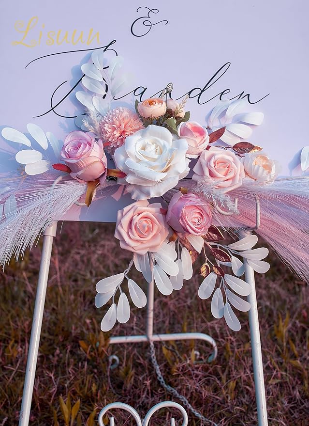 Wedding Arch Flowers, Artificial Floral Decor for Wedding Ceremony & Reception, Standard Size Large Flower Swag Set for Backdrop & Welcome Sign, Pack of 2 (Flesh Pink Pampas)