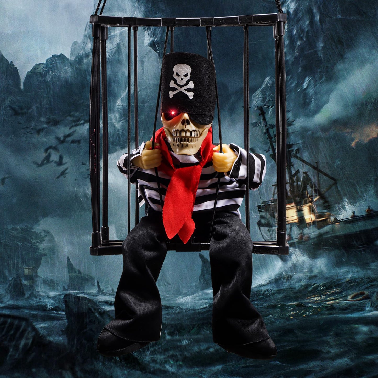 Screaming Halloween Decorations, Animated Halloween Decor,Pirate Scary Skull Cage Prop with Motion Activated, Spooky Hanging Ghost Light Up Eyes for Haunted House Indoor Outdoor Decor