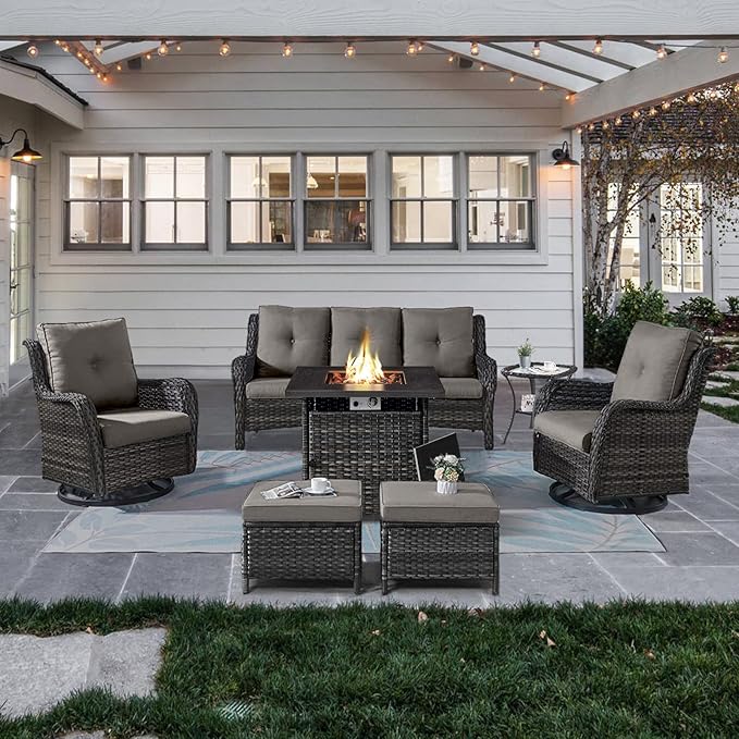 Belord Outdoor Patio Furniture Set with Propane Fire Pit Table, 7 Pieces Wicker Patio Conversation Set with 2 Swivel Glider Rocker Chair Rattan Sofa Grey Cushion Perfect for Casual Gathering