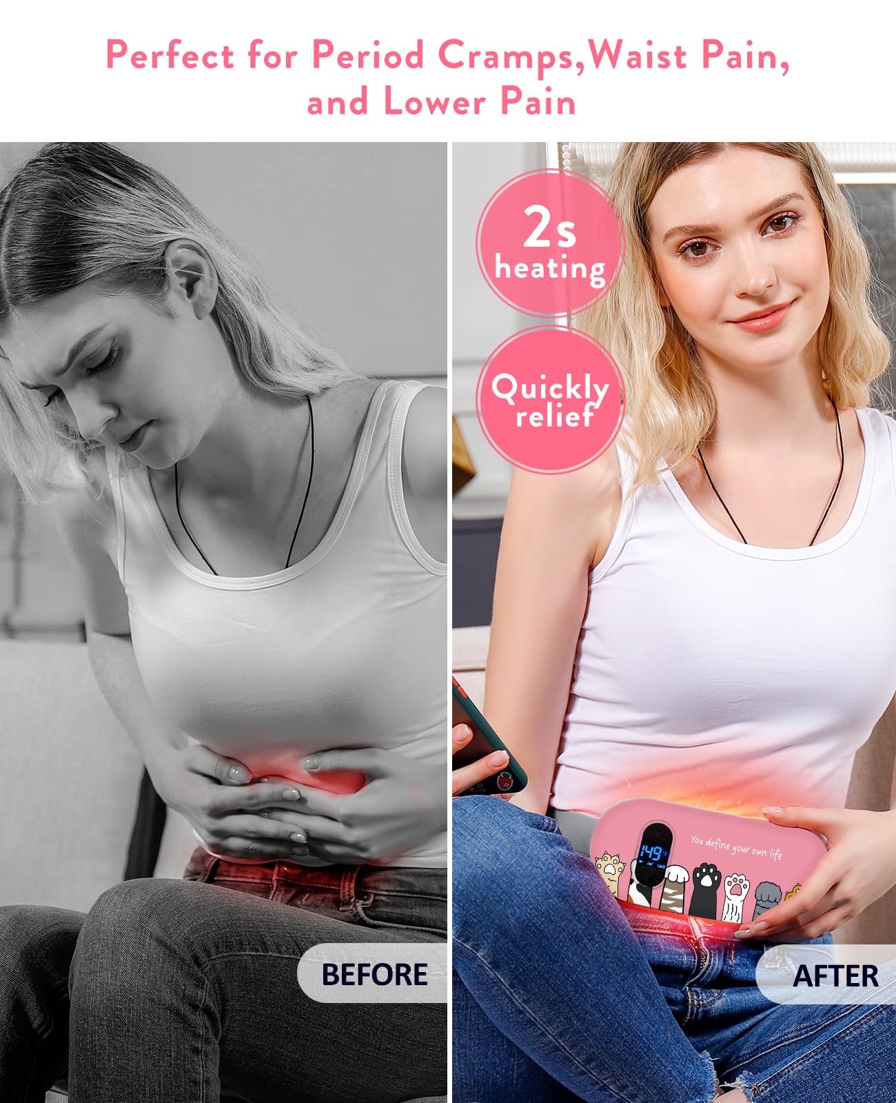 Portable Heating Pad for Period Cramps: Menstrual Heating Pad with Unique Design, Fast Heating Pad with 6 Heat Levels and 6 Massage Modes, Gifts for Her, Women, Teens and Girls