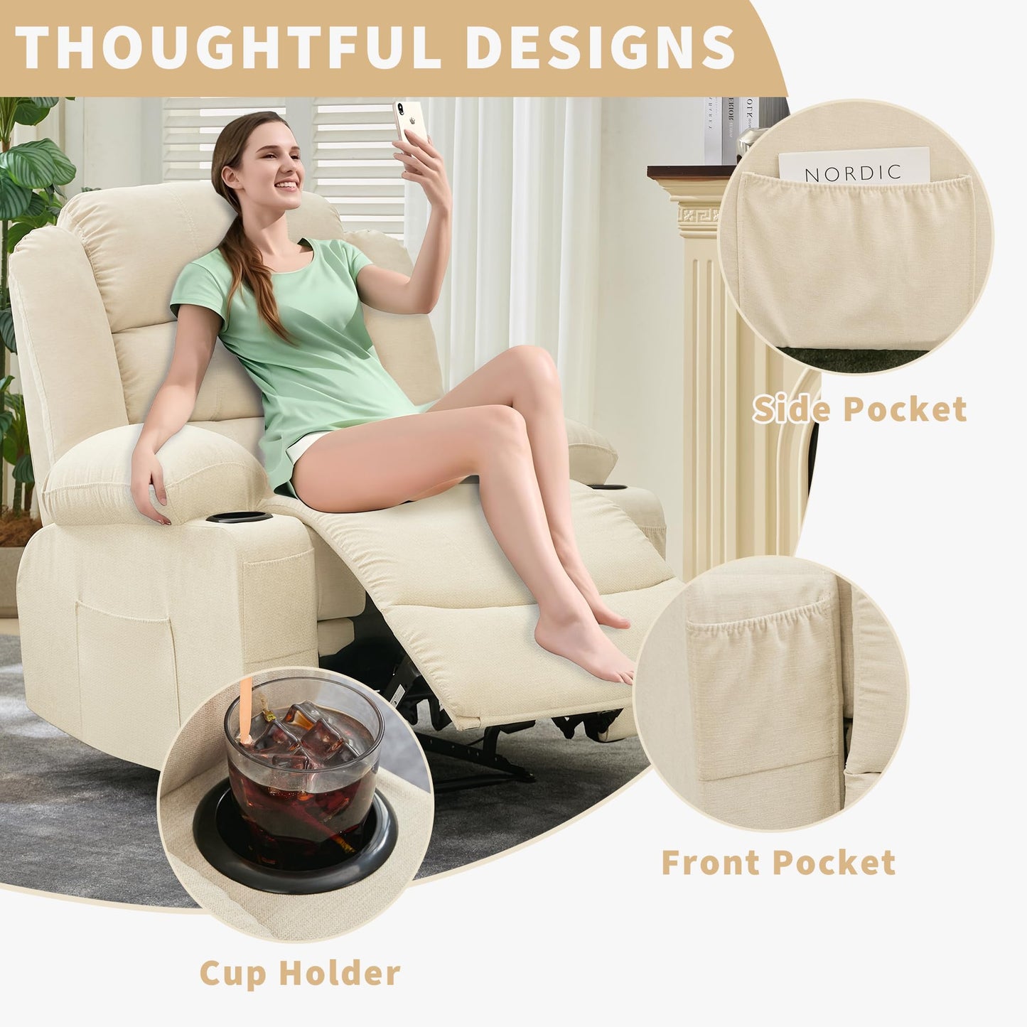 GarveeHome Wide Manual Recliner Chair for Adults – Widen Oversize Overstuffed Breathable Fabric Lounge Chair with 3 Angle Modes 2 Cup Holders Side Pockets