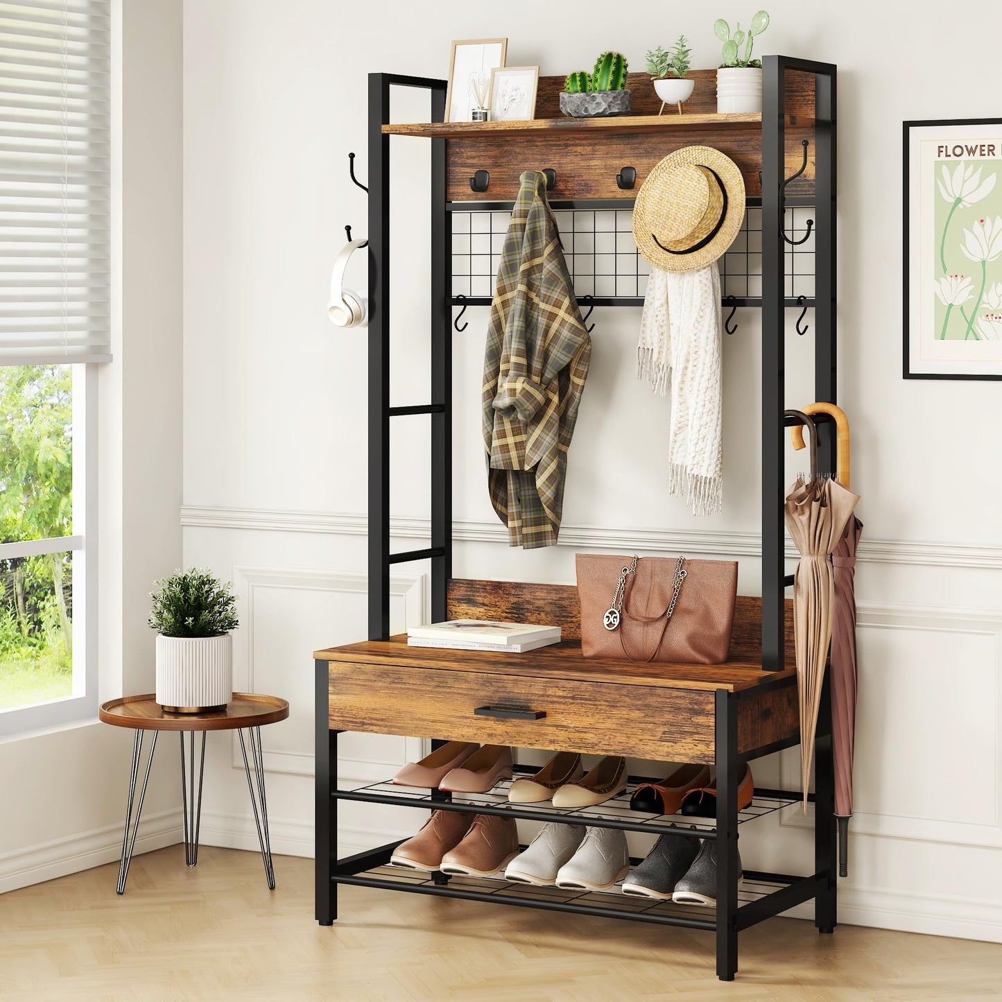 Recaceik Hall Tree, Entryway Coat Rack with Drawer, Industrial 5 in 1 Entryway Bench with Storage Shoe Rack and 12 Hooks, Freestanding Home Organizer with Shelf & Grid Panel, Anti-Dumping