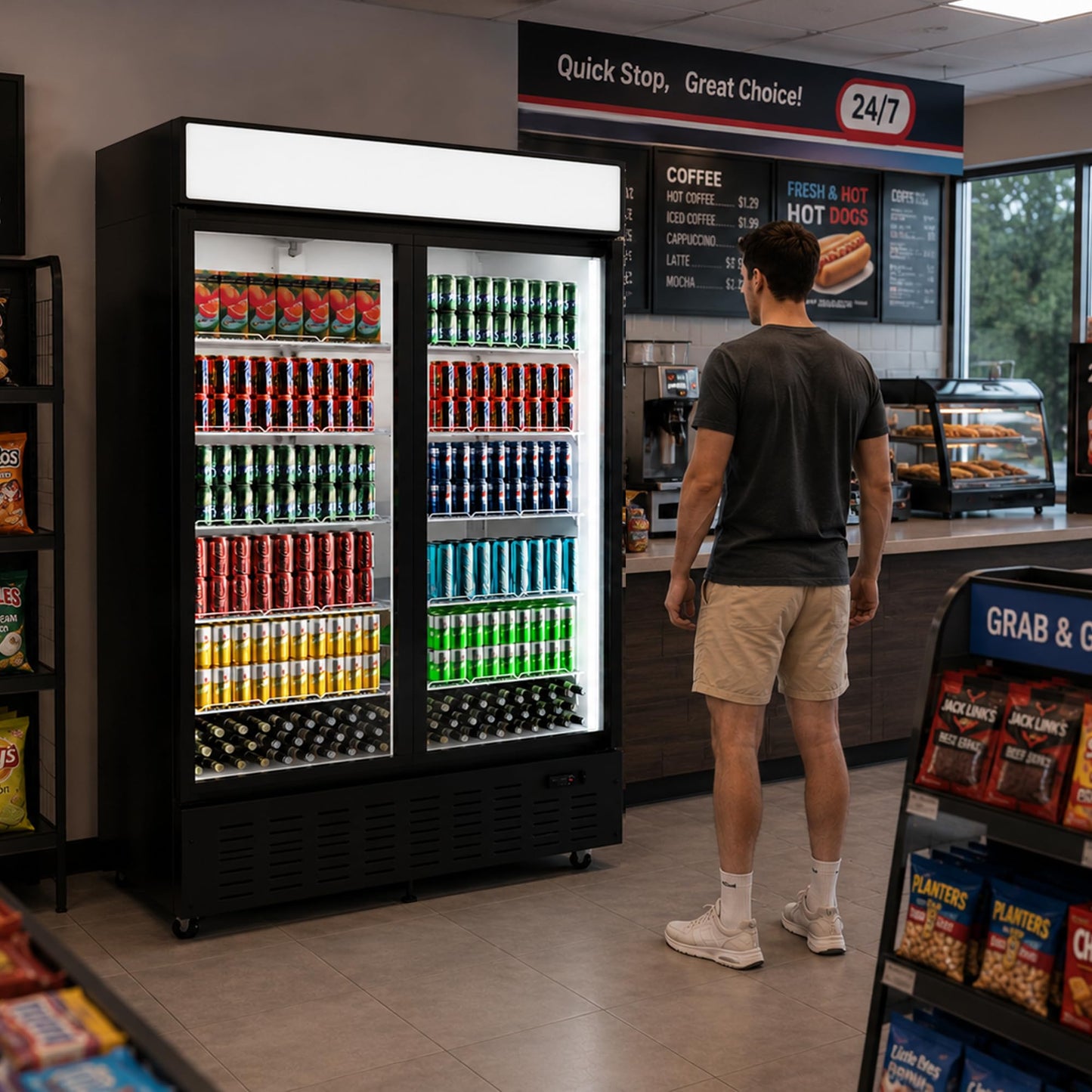 Frostvale 41 Cu.Ft Commercial Display Refrigerator, Black 2 Glass Door Beverage Cooler with Lighted Header, ETL Upright Merchandiser Fridge for Drinks, Soda, Beer, Restaurant, Store