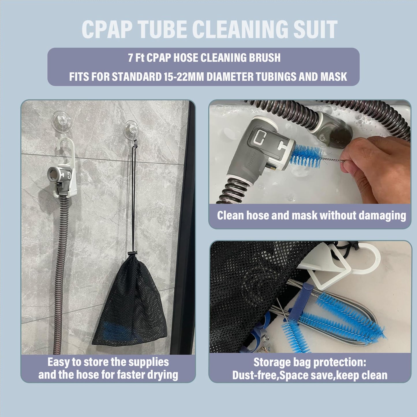 11 Pack CPAP Tube Cleaning Kit, Collapsible Wash Basin,CPAP Hose Hanger,CPAP Hose Holder for Bed,CPAP Hose Plugs,CPAP Tube Clips,Tube & Mask Cleaning Brush for 15-22mm Diameter Tubing with Storage Bag