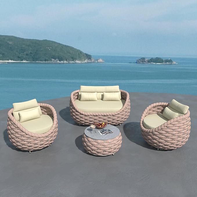 ercimi Outdoor 4 PCS Patio Conversation Set, All-Weather Wicker Patio Couch Sofa with Waterproof Thick Cushion Coffee Table for Porch, Balcony Mocha