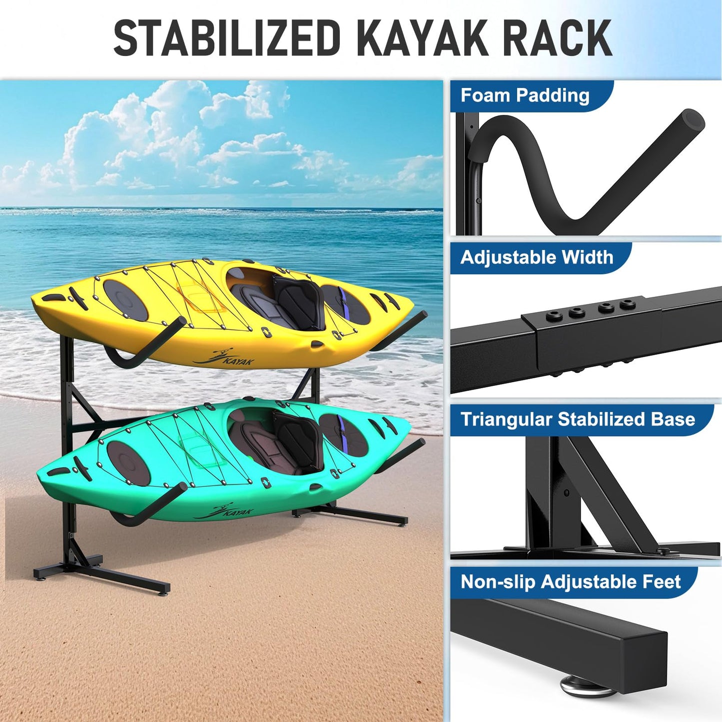 Freestanding Kayak Storage Rack, Kayak Racks for Outdoor Storage, Heavy Duty Adjustable Kayak Paddle Holder Stand for Kayak, Paddle Board, SUP, Surfboard