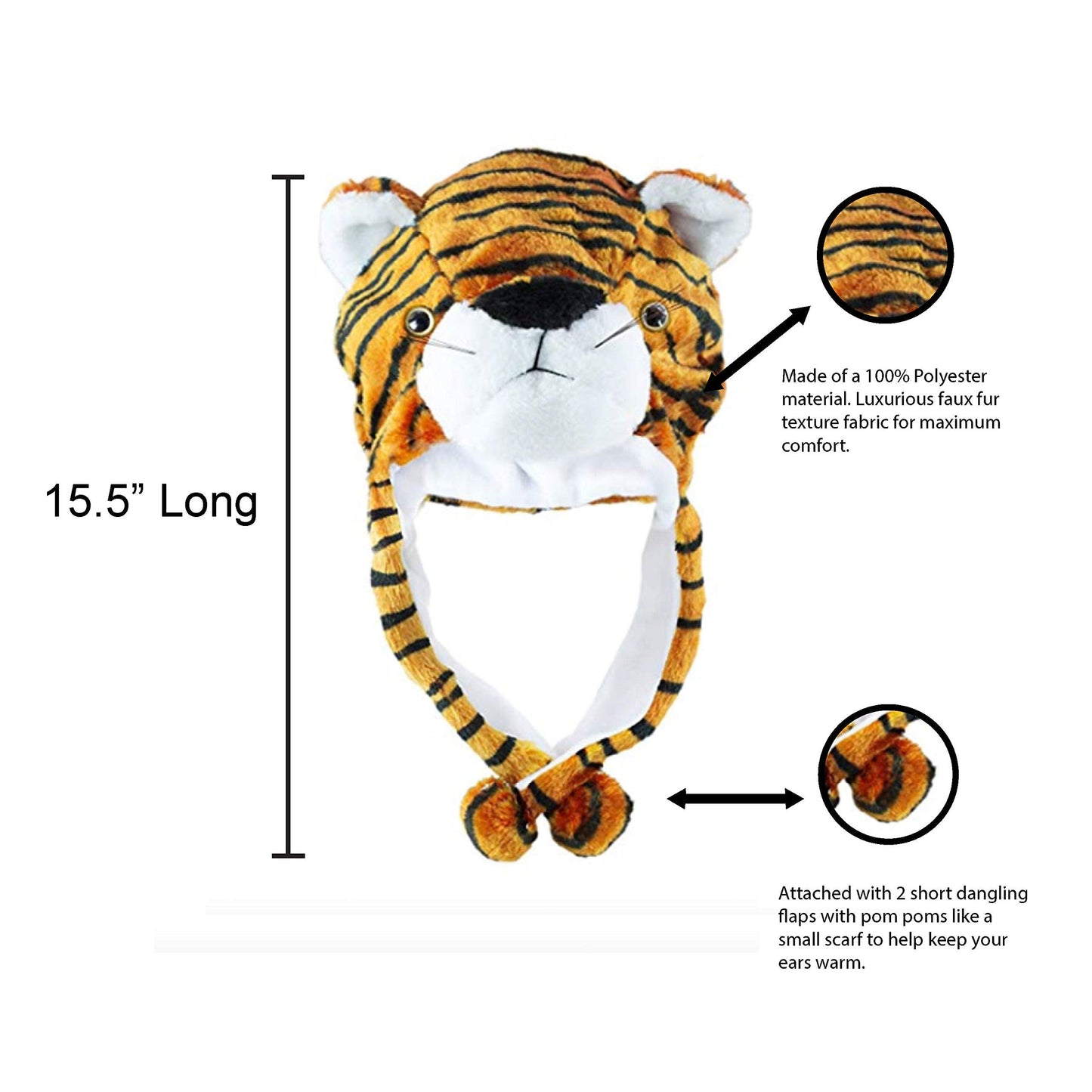 Tiger Cute Plush Animal Winter Ski Hat Beanie Aviator Style Winter (Short)