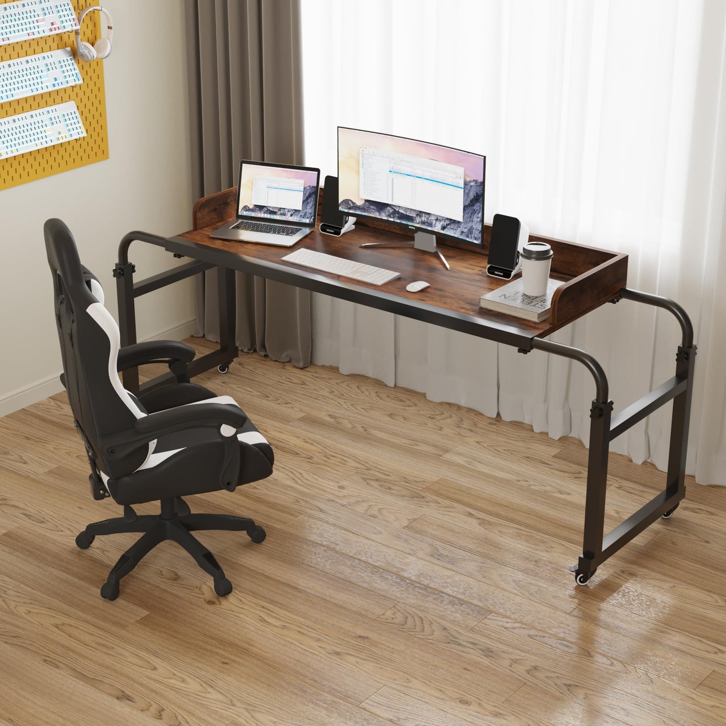 TigerDad Overbed Table with Wheels, Modern Style, Brown, 55.1-82.7x25.6x18.1 inches, 350lbs Weight Capacity
