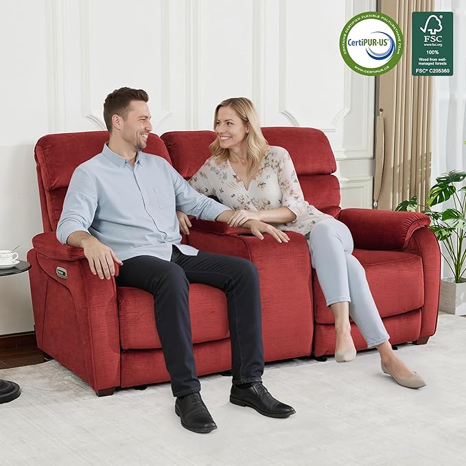 MCombo 73.8'' Wall Hugger Power Loveseat Recliner, Reclining Loveseat with Console, Adjustable Headrest, USB Charge Ports, Cup Holders, for Living Room, RVs, Small Spaces, Fabric ST258M2 (Burgundy)