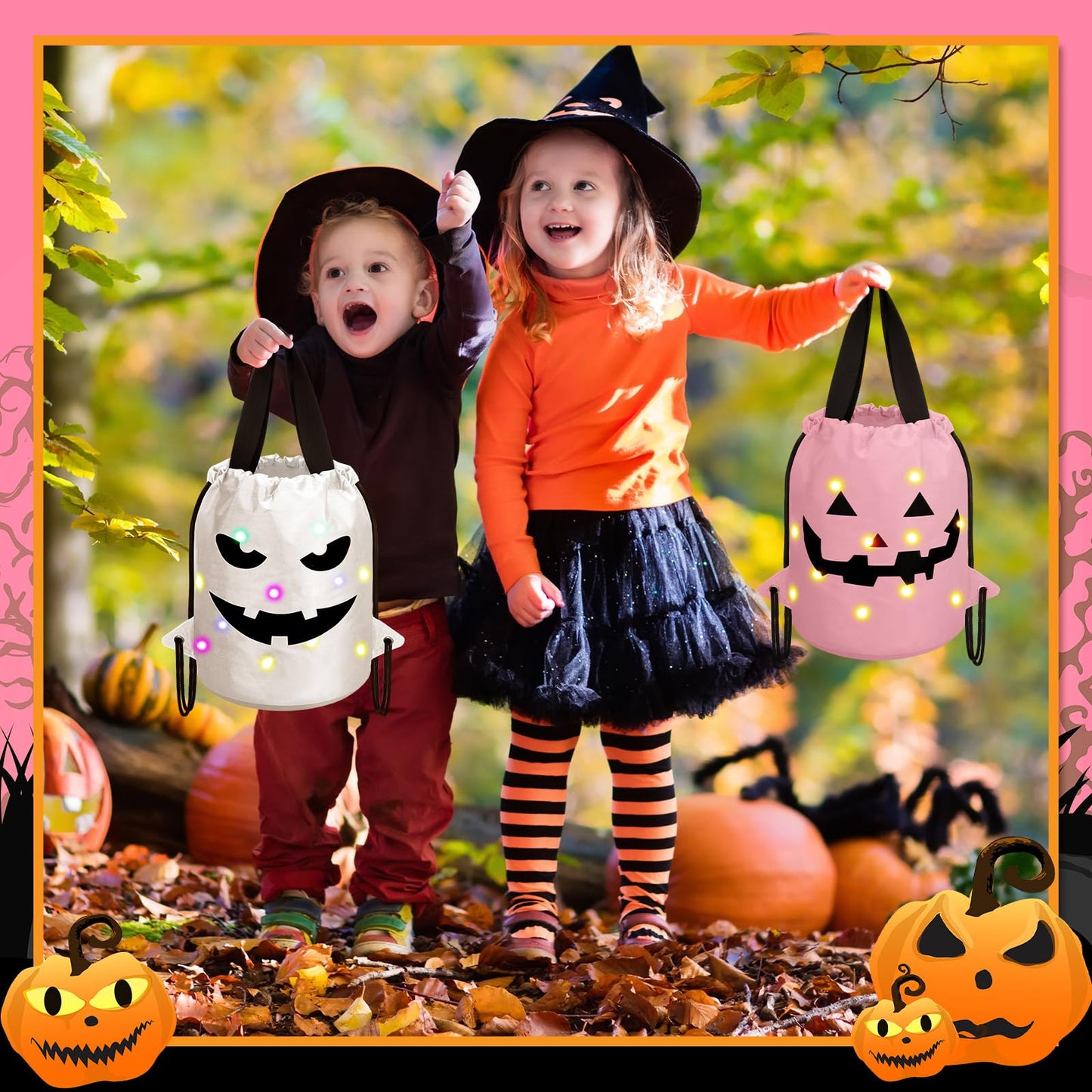 Talltalk 3 Pcs Halloween Light up Bucket LED Treat Drawstring Bags Multipurpose Reusable Pumpkin Candy Goodies Bucket for Kids Halloween Supplies Favors(White, Pink, Dark Pink)