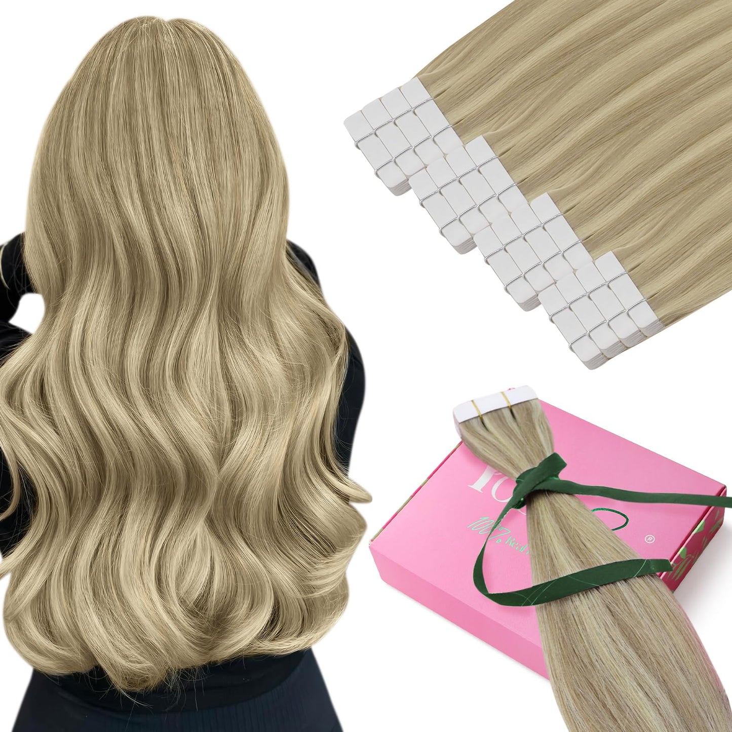 YoungSee Tape in Hair Extensions Real Human Hair Blonde Highlight Tape ins Human Hair Extensions Golden Blonde Highlights Human