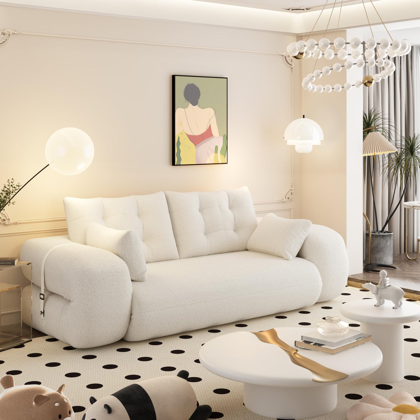Ball & Cast Multi-Functional Foldable Sofa Bed with High-Density Foam,Teddy Fabric Upholstered Couch W/4 Pillows,Convertible Sleeper Sofas Bed,Living Room Furniture for Bedroom,Apartment,Beige,79"