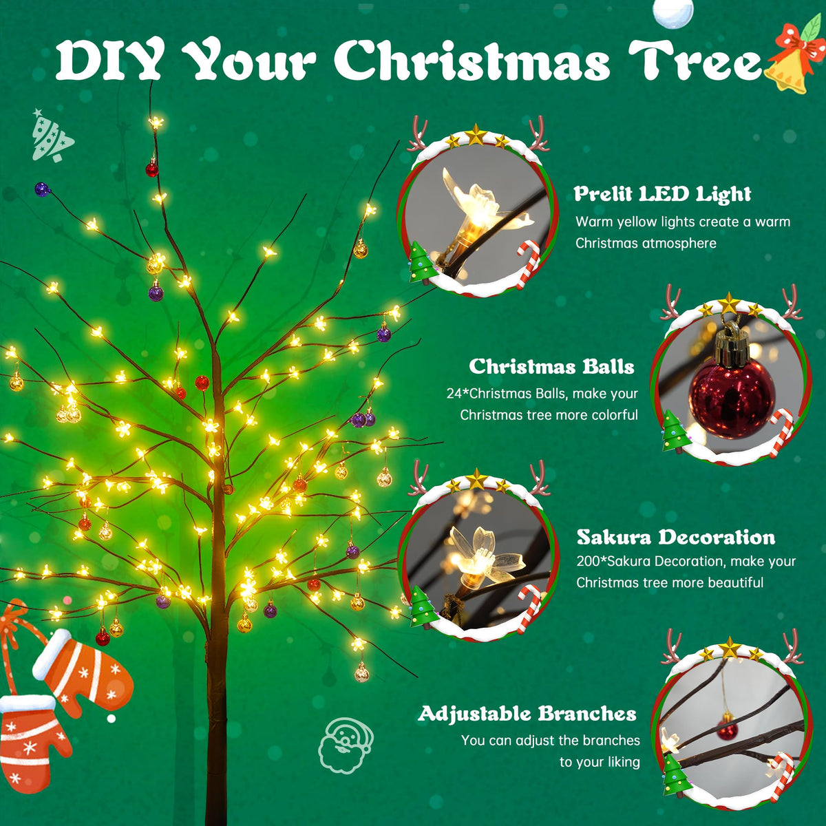 Set of 3 Birch Tree with LED Lights, 4FT 5FT 6FT Prelit Christmas Tree, Lighted Black Artificial Tree for Indoor Outdoor, Thanksgiving Christmas Seasonal Holiday Decoration