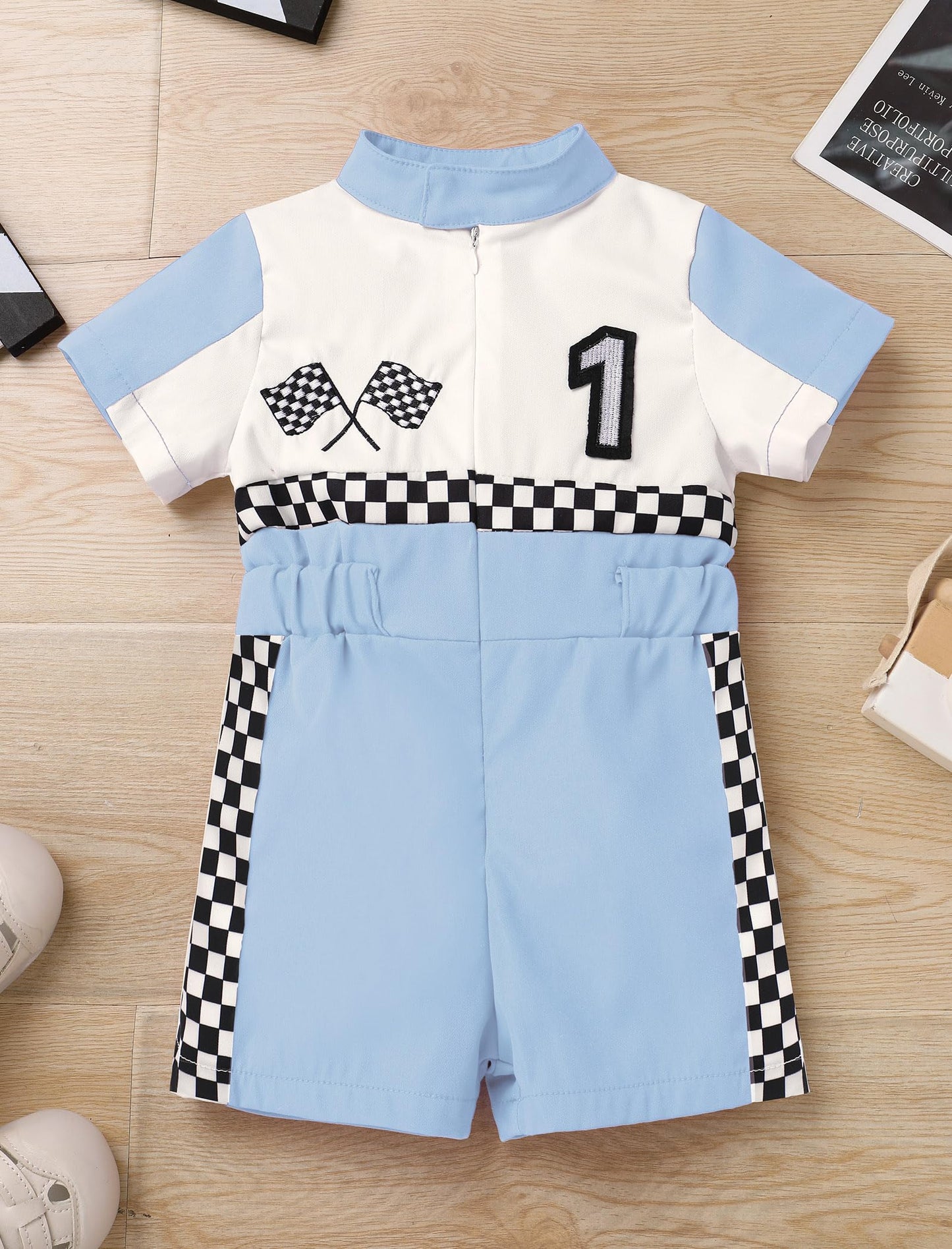 IDOPIP Baby Boys 1st 2nd Birthday Outfit Race Car Driver Romper Girls Boys Racer Jumpsuit One Piece Bodysuit Racing Suit Toddler Dress up Costume for Cake Smash Photo Shoot Blue 12-18 Months