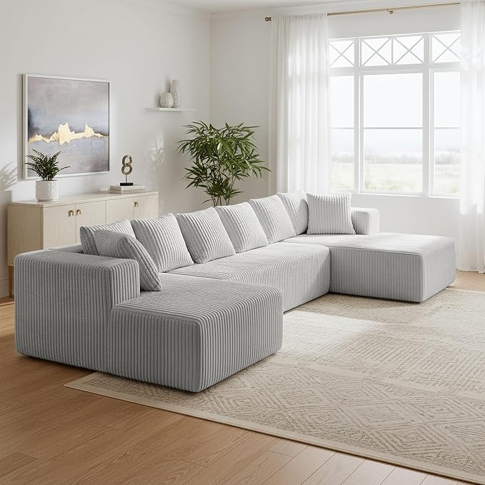 SEENYOO 130" Boneless Couch, Cloud Couch Sectional, Corduroy Sofa for Living Room, U Shaped Modular Sofa with Chaise, No Assembly, 4 Seats Oversized (Grey)